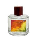 Frasco de item de perfumaria da marca Phebo, com rótulo em fundo colorido com pinceladas de verde, laranja e amarelo, contendo a palavra "Ginga" em destaque.
