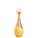 Frasco de perfume para cabelo Dior em formato de gota, com corpo dourado e detalhes em fios dourados entrelaçados, tampa transparente redonda. Embalagem elegante e sofisticada.