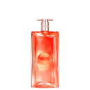 Frasco de perfume da marca Lancôme, com formato retangular e tampa rosada, em cor laranja vibrante.