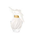 Frasco de perfume Nina Ricci em formato de flor branca com detalhes dourados, incluindo um rótulo com as iniciais "NR" em dourado.