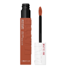 Frasco de item de batom da marca Maybelline, com tampa preta e corpo marrom, exibindo texto "Super Stay" em branco.
