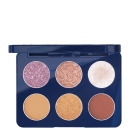 Paleta de sombras da marca Bruna Tavares, com 6 tons em embalagem azul-marinho brilhante, incluindo cores rosa, bronze, dourado e marrom.
