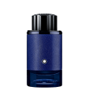 Frasco de perfume Montblanc de cor azul escuro com textura de couro, tampa preta e logotipo da marca. Embalagem elegante e sofisticada em estilo minimalista.