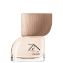 Frasco de vidro com tampa de madeira de formato arredondado, contendo item de perfumaria da marca Shiseido com rótulo preto e branco exibindo o nome "ZEN ESSENCE".