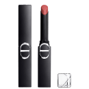 Batom Dior em embalagem preta com detalhes prateados, com tampa e corpo cilíndrico. Produto com acabamento fosco e tom rosado. Caixa preta com logotipo Dior em destaque.