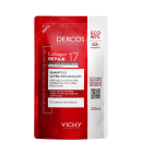 Frasco de shampoo da marca Dercos Technique, na cor vermelha, com rótulo branco destacando "Collagen Repair 17" e "Shampoo Ultra Reparação", com informação sobre refil e redução de plástico.