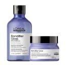 A imagem mostra dois produtos de cuidados capilares da linha L'Oréal Professionnel Blondifier Gloss. Um é um shampoo de 300ml. O outro é um tratamento condicionante em um pote plástico azul opaco de 250g, com rótulo branco e detalhes em preto.