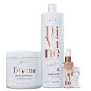 Produtos da marca Braé, incluindo um frasco branco de shampoo anti-frizz "Divine", um pote branco de máscara de tratamento capilar "Divine" e dois frascos menores com sérum e ampola.