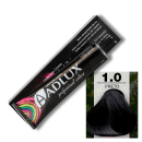 Coloração de cabelos da marca Adlux Cosméticos. A embalagem apresenta informações sobre o produto, como "Coloração Creme" e "Preto 1.0". Também é possível ver uma imagem de um cabelo escuro, representando a cor final do produto.