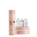 Conjunto de produtos da marca Braé, incluindo shampoo e máscara Essential e ampolas de tratamento.