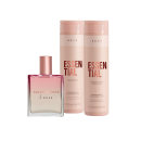 Conjunto de produtos da marca Braé, incluindo um frasco de perfume Blooming Rose, um frasco de shampoo Essential e um frasco de condicionador Essential.