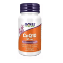 Este é um suplemento alimentar da marca Now Foods. O produto é uma embalagem plástica branca com uma tampa roxa. A embalagem contém 50 cápsulas. O rótulo laranja destaca "CoQ10 50mg" e menciona que é para "Saúde Cardiovascular" e "Produção de Energia".