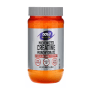 Suplemento alimentar de creatina micronizada da marca Now Sports, com frasco plástico laranja com uma tampa cinza. O rótulo na parte frontal exibe informações como "Creatina Monohidratada Micronizada", "Construção de Massa Muscular" e Produção de Energia