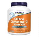 Este é um suplemento alimentar de ômega 3 da marca Now Foods. O produto vem em uma embalagem plástica branca grande com tampa roxa. O rótulo laranja mostra o nome "Ultra Omega-3 Fish Oil" e destaca os benefícios para a saúde cardíaca e cerebral.
