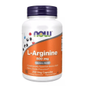 Este é um suplemento alimentar de L-Arginina da marca Now Foods. O produto vem em um pote branco com tampa roxa. A embalagem tem uma faixa laranja com o nome do produto "L-Arginine 500 mg" e a descrição "Amino Acid" e "Conditionally Essential Amino Acid".