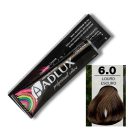 Coloração de cabelo da marca Adlux Cosméticos. Há informações sobre o tipo de coloração, indicando que se trata de uma "Coloração Creme" com "Brilho Intenso com Ultra Proteção". A embalagem exibe o número "6.0" que corresponde à tonalidade "Louro Escuro"