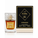 Frasco de perfume da coleção árabe da Lattafa Perfumes, com embalagem preta e dourada, contendo 25ml de "Conhaque" com 80% de concentração de óleo.