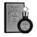 Frasco de perfume preto da coleção árabe da Lattafa Perfumes, com caixa decorativa prateada e preta. O produto é identificado como "No A007 FAKH.PRETO" e contém 25ml de eau de parfum.