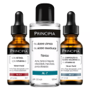 Três frascos de soro facial da marca Principia, contendo 0,3% de retinol, 0,5% de vitamina E, 7% de ácido lático e 1% de ácido salicílico, além de 2% de ácidos hialurônicos e 1% de vitamina B5.