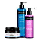 Três produtos da marca Principia: um gel de limpeza azul em frasco com bomba, um óleo de limpeza desmaquiante rosa em frasco com bomba, e um creme hidratante em pote preto. 