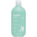 Shampoo Buba Care em embalagem verde de 400ml. A embalagem tem formato cilíndrico com tampa branca. Apresenta o logotipo "buba care" e a palavra "shampoo" em letras brancas, além de um desenho estilizado de dois coelhos.