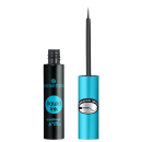 Frasco preto com tampa aplicadora fina e alongada. Rótulo azul turquesa com o logotipo da marca e texto "liquid ink eyeliner waterproof".