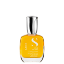 Frasco do óleo da linha Semi di Lino da Alfaparf Milano, com design elegante em vidro transparente e tampa metálica. O rótulo apresenta o nome da linha em letras brancas sobre fundo amarelo.
