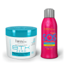 Dois produtos da linha Forever Liss Professional: um pote de máscara capilar ultra hidratante BTX Zero em embalagem azul turquesa e um frasco rosa de tratamento antienvelhecimento SOS em embalagem rosa.