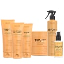 Produtos de cabelo da marca Itallian Hairtech, incluindo shampoo, condicionador, leave-in, creme hidratante e óleo reparador, em embalagens de plástico e vidro com cores predominantes de laranja e preto.