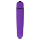 Vibrador pessoal de cor roxa, com formato cilíndrico e acabamento liso. Possui um botão preto na parte superior, provavelmente para controle de funções. Embalagem compacta e discreta.