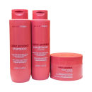 Conjunto de produtos de beleza da marca Braé, incluindo shampoo, condicionador e máscara capilar na cor rosa, com embalagens cilíndricas e tampa destacável, destacando os benefícios de proteção da cor.