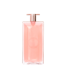 Frasco de perfume Idôle Lancôme de cor rosa claro, com tampa e corpo em formato retangular. Rótulo com nome da marca e informações do produto visíveis.