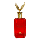 Frasco de perfume Royale da marca Zakat, com tampa dourada em formato de águia e corpo de vidro vermelho, exibindo o nome da marca em relevo.