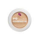 A imagem mostra uma embalagem de pó compacto branca, redonda, com a logo da marca 'RK' em roxo e nome do produto branco em destaque.