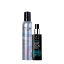 Dois produtos da marca TRUSS: um frasco de espuma fixadora Mousse Fix e um frasco de tratamento capilar Amino Nutriente, ambos com embalagens pretas e cinzas.