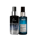 Dois frascos de produtos de beleza da marca TRUSS: um frasco preto de óleo iluminador e um frasco azul de óleo reconstrutor, ambos com 60ml e rótulos com o nome da marca.