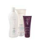 Conjunto de produtos Senscience Balance, incluindo shampoo, condicionador e máscara hidratante Inner Restore,  com rótulos indicando os nomes dos produtos e seus benefícios.