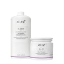 Dois produtos Keune Care Blonde Savior: um frasco de shampoo de 1000 ml e um pote de máscara de 200 ml, ambos com embalagens brancas e detalhes em roxo