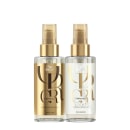 A imagem mostra dois frascos de produtos de cuidados capilares da linha Wella Professionals Oil Reflections. O maior contém o "Luminous Smoothening Oil" para todos os tipos de cabelo. O outro contém o "Luminous Reflective Oil Light" para cabelos finos.