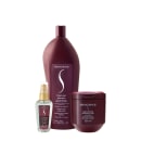 Produtos da marca Senscience: shampoo True Hue, sérum  True Hue Color e pote de máscara Inner Restore.
