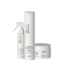 Produtos Acquaflora: shampoo de 300ml, condicionador de 250g e fluido protetor de 120ml, em embalagens brancas com detalhes em dourado, exibindo o nome da marca e informações sobre os produtos.