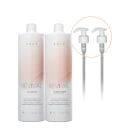 Frascos de shampoo e condicionador da linha Revival da marca Braé, com embalagens brancas e rosadas, e dois dispensadores de bomba brancos.