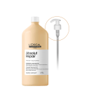 Frasco de shampoo profissional L'Oréal Professionnel Absolut Repair, com 1,5 litros de capacidade, em embalagem de plástico de cor bege e branca, com bomba válvula pump.