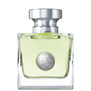 Perfume em frasco quadrado de vidro transparente com líquido verde claro.Tem uma tampa prateada arredondada. Na frente, há um medalhão prateado com uma imagem em relevo. O design é minimalista e elegante, com linhas retas e formas geométricas limpas.