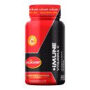 A imagem mostra o frasco do produto que é cilíndrico com o rótulo nas cores vermelho e preto com detalhes em laranja e branco.