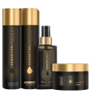 Conjunto de produtos de beleza da marca Sebastian Professional, incluindo dois frascos de shampoo e condicionador leves, um frasco de spray e um pote de máscara, todos com design elegante em preto e dourado.