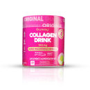 Suplemento alimentar da marca Gummy. Rótulo frontal com o nome "Collagen Drink" em letras brancas grandes e o logotipo "Gummy Original" abaixo. Informações adicionais como "100mg", "Ácido Hialurônico + Retinol" e "Verisol" estão presentes.