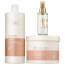 Produtos Wella Professionals: Shampoo Fusion de 1L, Óleo Refletivo Light de 100ml e Máscara Fusion de 500ml, em embalagens brancas e douradas com logotipo da marca.