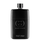 A imagem mostra um frasco do perfume Gucci Guilty pour Homme, brilhante com detalhe cromado na tampa. Tem um design cilíndrico com o famoso logo duplo G da Gucci gravado em preto na parte da frente, além do nome da marca, concentração e nome do perfume.