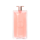 Frasco de perfume Idôle Lancôme de formato retangular, com tampa rosada e corpo transparente contendo um líquido de tonalidade rosa clara. O rótulo apresenta o nome da marca em destaque.